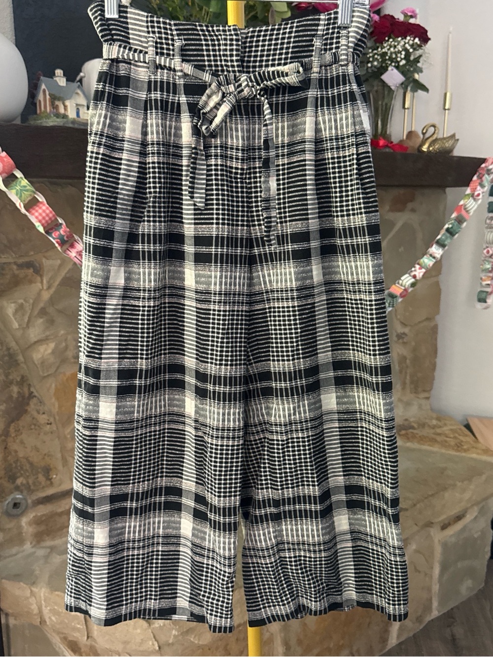Anthropologie Black & White Plaid Wide-Leg Paperbag Pants with Tie